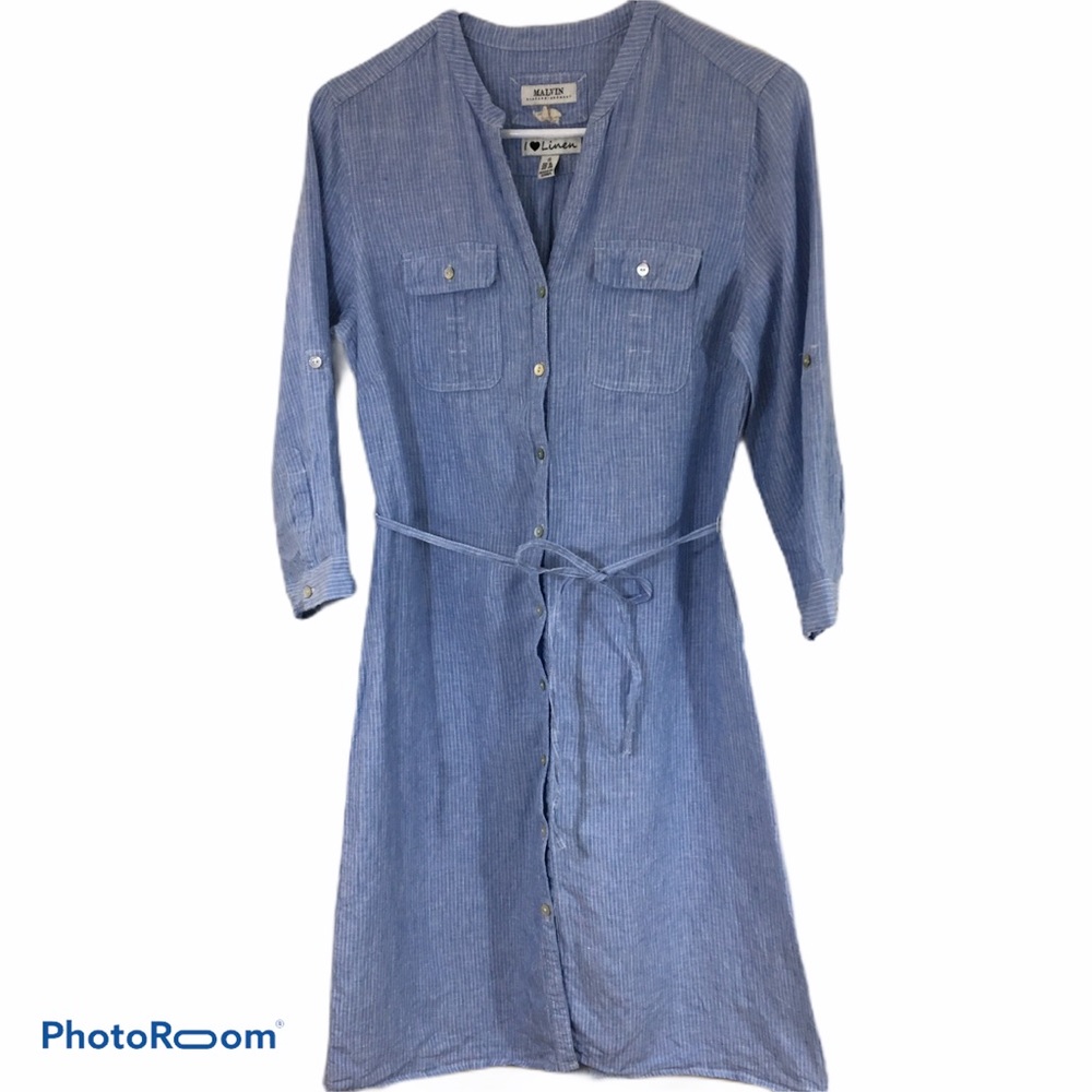 Pinstripe Shirt Dress Blue & White Linen Sz 6